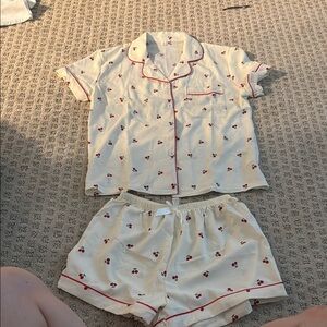 Cherry Print Cream Pajama Set